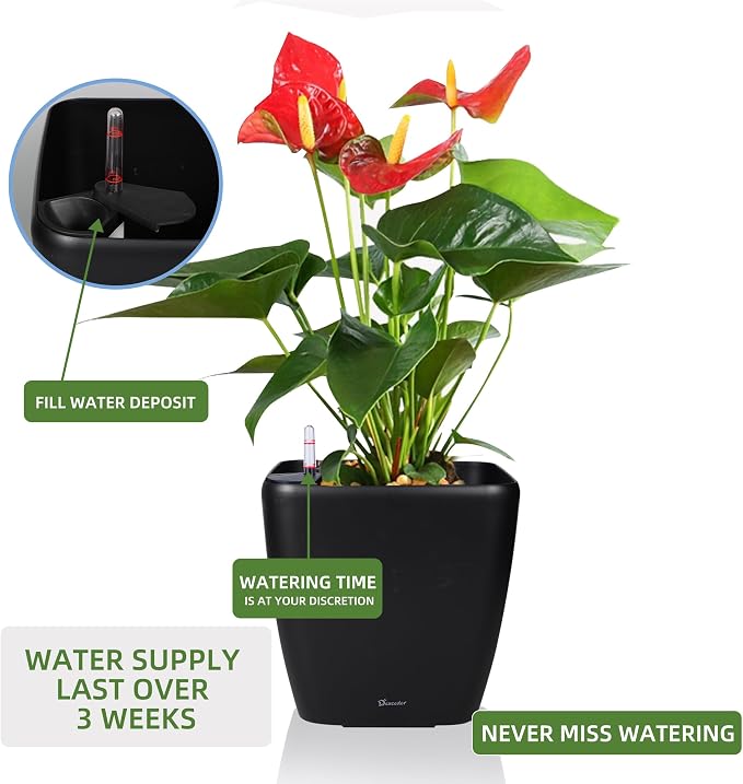 Dexceder 18x17 Self Watering Planter with Wheels (Black Matte) | Inner Mat Design, Thickened Large Floor Standing Flower Plant Pot with Water Level Indicator Indoor Outdoor