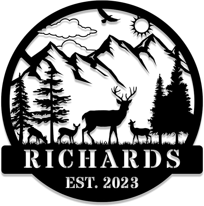 Personalized Mountain Family Name Sign, Custom Metal Wall Decor with Deer Wildlife Design & Established Year, Last Name Monogram Sign for Home, Rustic Farmhouse Cabin Outdoor Garden Decor, Porch Yard Patio Wall Art, Wedding Housewarming Gift