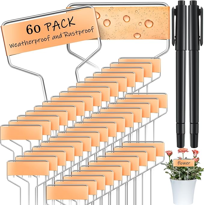 Moxweyeni 60 Pcs Metal Garden Tags Plant Labels for Garden Waterproof Plant Markers with 2 Permanent Pen Planting Nursery Tags Reusable Labels Stake for Plants (Copper,4 Inch)