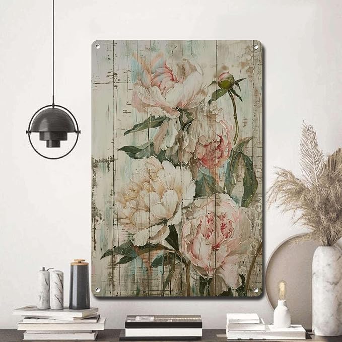 Metal Sign Tin Sign Vintage Wall Art Shabby Chic Peony Tin Sign for Floral Opulence Rustic Wall Decor and Distressed Wood Surfaces Bathroom Signs for Home for Club 8×12 Inches