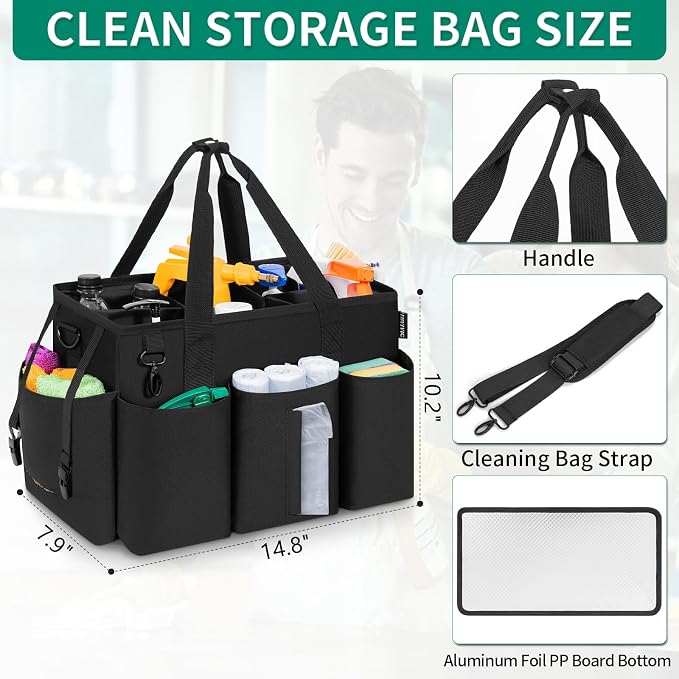 IBVIVIC Wearable Cleaning Caddy Bag, Cleaning Caddy Bag for Housekeeper Large Capacity Cleaning Supplies Organizer with Adjustable Shoulder Strap Kitchen Cleaning Supplies Bag for Cleaners (Black)