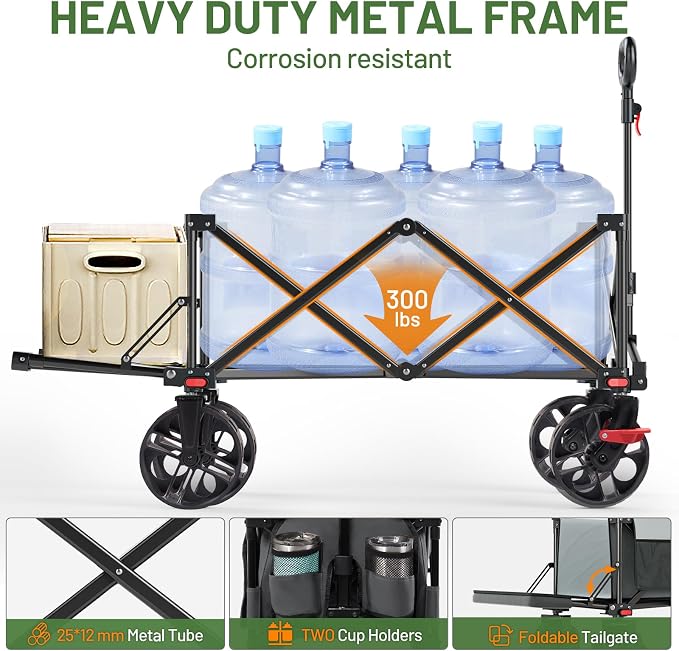 Timber Ridge 47" L Collapsible Folding Wagon with Tailgate, 300 lbs Heavy Duty Beach Wagon with All-Terrain Big Wheels, 250L Foldable Utility Cart for Sand Camping Sports Shopping, Grey