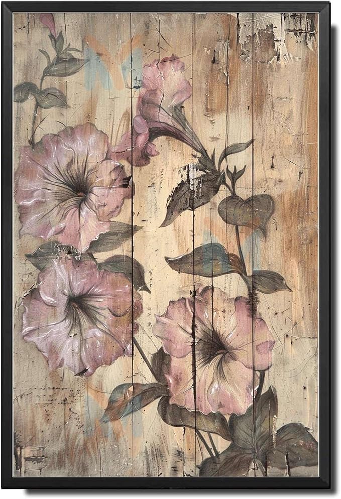 Metal Sign Tin Sign Vintage Wall Art Antique Artist's Vision Petunias Tin Sign for Rustic Wall Decor Distressed Wood Surfaces and Weat Sign Garden Outside for Bar 6×8 Inches with Metal Frame
