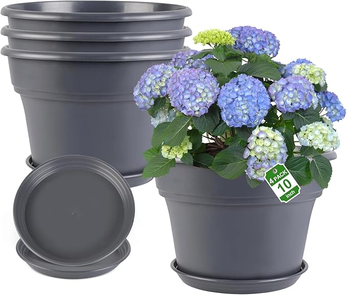 Myfeegoin 10-inch-Plant-Pots-Indoor-Outdoor, 4 Pack Plastic Planters with Drainage Holes & Saucers, Resin Flower Pots with Trays, Classic Garden Pot Container for House