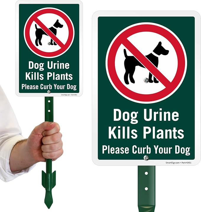SmartSign 10 x 7 inch “Dog Urine Kills Plants, Please Curb Your Dog” LawnPuppy Yard Sign and 18 inch Stake Kit, 40 mil Laminated Rustproof Aluminum, Green and White, Set of 1