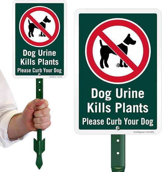 SmartSign 10 x 7 inch “Dog Urine Kills Plants, Please Curb Your Dog” LawnPuppy Yard Sign and 18 inch Stake Kit, 40 mil Laminated Rustproof Aluminum, Green and White, Set of 1