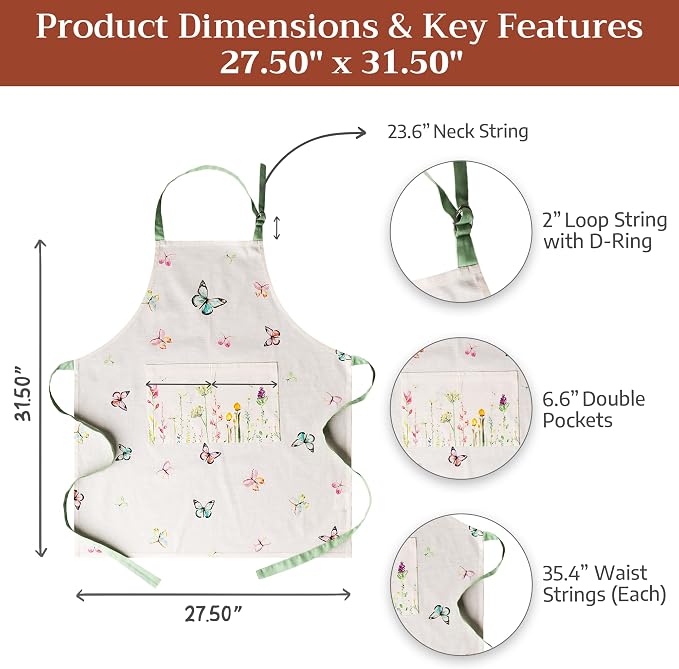 Maison d' Hermine Aprons for women with Pocket 100% Cotton (27.50"x31.50") | Adjustable Neck Strap & long ties Apron Men Chef Wedding Cooking Gardening Server Maid