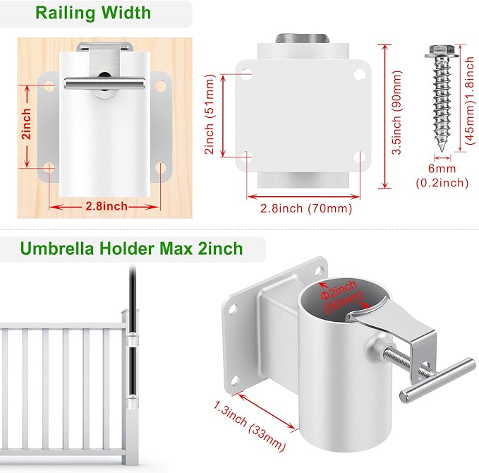 Heavy Duty Deck Railing Umbrella Holder, Patio Umbrella Stand for 1-2 Inch Poles, Space-Saving Design, Secure & Sturdy Flat Mount for Deck Railing, Balcony, Outdoor Courtyard, Fences, White