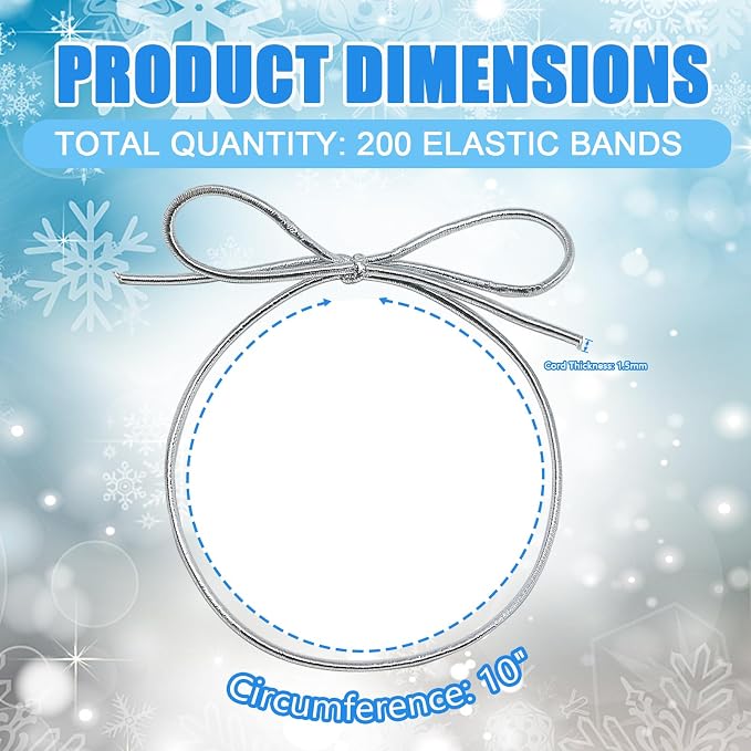 FQTANJU Silver Elastic Cord with Pre-Tied Bows - 200 Pcs 10 Inch Metallic Stretch Loops for Gift Wrapping, Crafts, Gift Boxes, Tags | Strong Metallic Ribbon String for DIY, Holiday, Party Decor