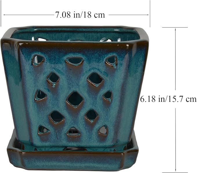W&W Orchid Pot with Holes and Saucer for Repotting and Better Grow, Teal, 7"