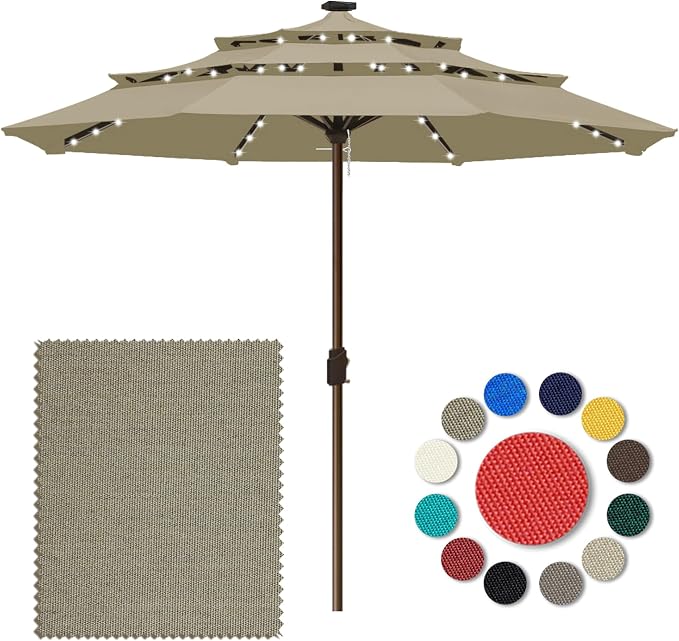 Eurmax USA 10-Year-Non-Fading 10FT 3-Tier Outdoor Patio Market Umbrella with LED Lights,UPF50+ UV Resistant,Commercial Grade,Crank Lift Design,Windproof Vented Top for Garden,Pool,Deck,Mushroom