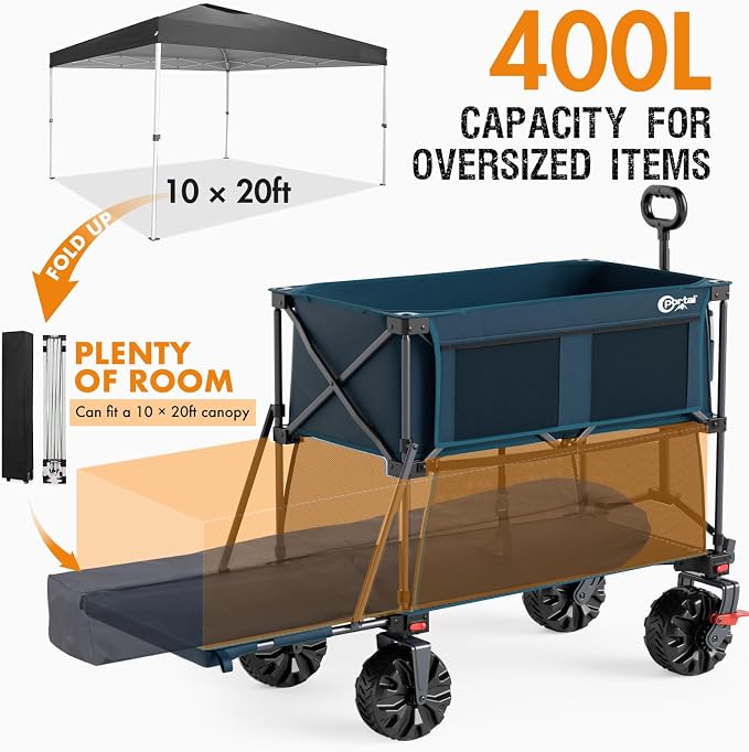 Portal Collapsible Large Double Decker Wagon with Brakes, 660lb Foldable Heavy Duty Utility Wagon Cart, 400L All-Terrain Big Wheels & 54" Extra Long Extender for Sports, Camping & Outdoor Use