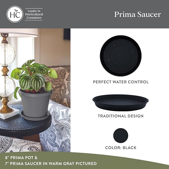 The HC Companies 12" Round Prima Plastic Plant Saucer - Indoor Outdoor Plant Trays for Pots - 12.4"x12.4"x1.5" in Black