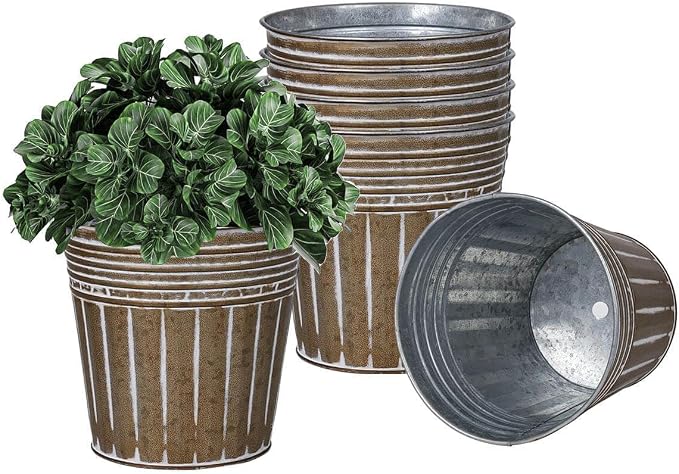 vensovo 5 Inch Galvanized Bucket Planter - 6 Pack Metal Flower Pots with Drainage Holes & Plugs, Rustic Bronze Tin Pots for Indoor Herbs, Outdoor Succulents, Farmhouse Home Garden Decor