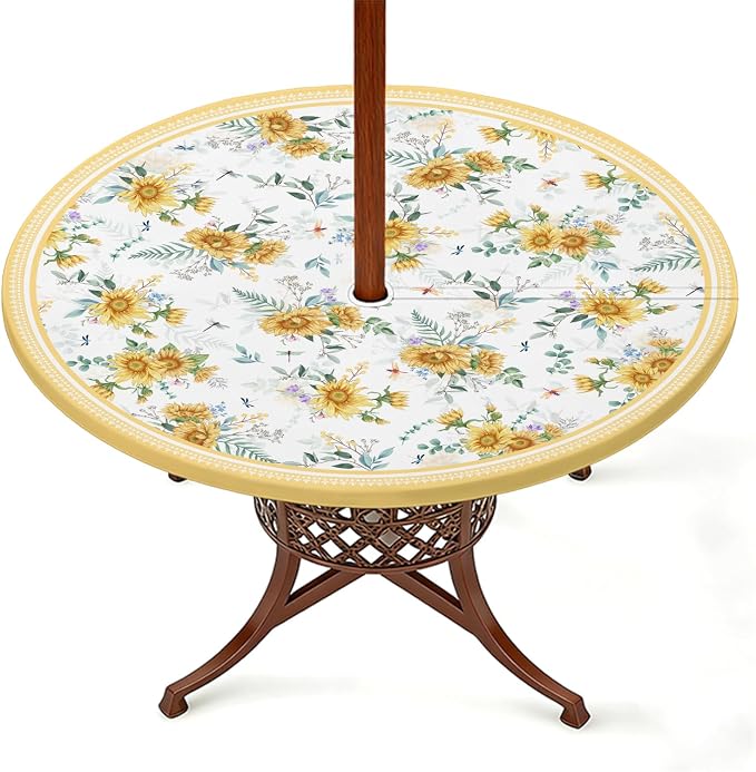Elastic Zipper Patio Table Cover with Umbrella Hole Waterproof Polyester Outdoor Tablecloth, Windproof Fitted Round Table Cover for Picnic, Garden & Backyard