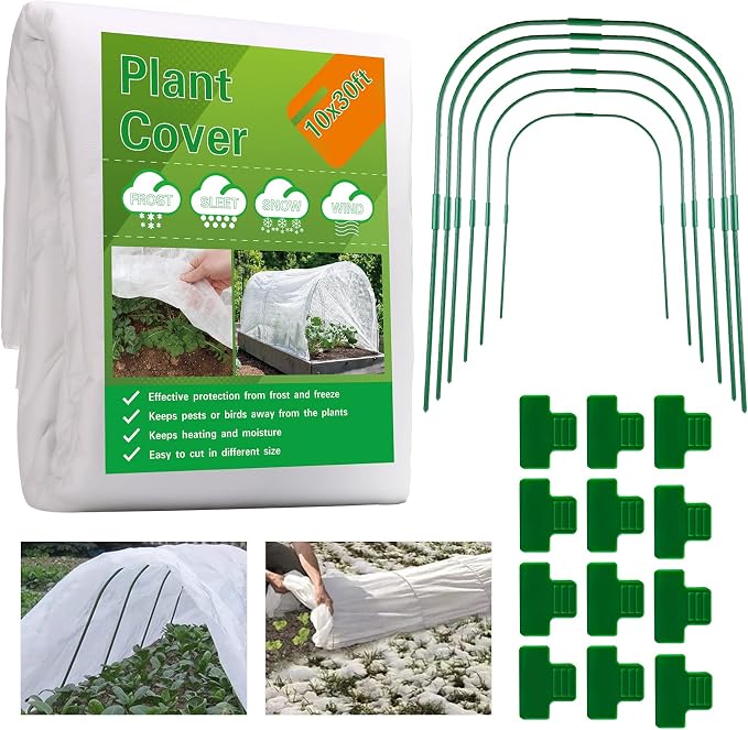 Plant Covers Freeze Protection Kit,10x30Ft Fabric Frost Cloth With 6pcs Garden Hoops & 12 Clips,Floating Row Cover Kit With Greenhouse Hoops Frost Blanket for Plants Vegetables Winter Frost Protection