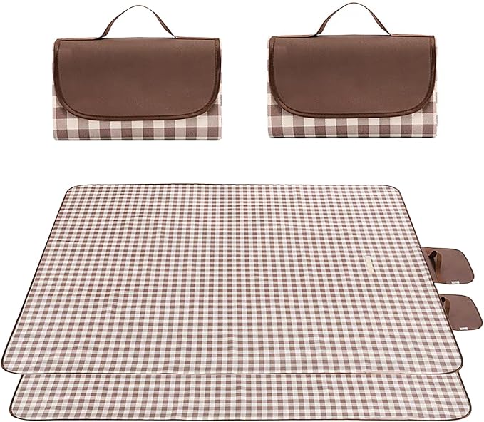 Wind Tour Waterproof Picnic Blanket with Carry Strap - Foldable Sandproof Outdoor Mat for Camping, Beach, Park - 59" x 71",Coffee Grid (Two Mat Set)