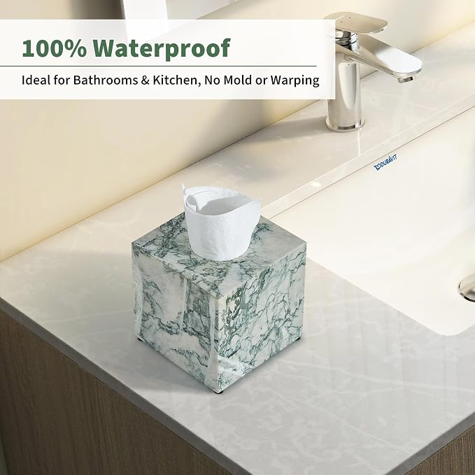 Real Natural Marble Tissue Box Cover, 5.5 Inch Square Marble Tissue Box Holder with Open Bottom, Heavy Stone Decorative Organizer for Bathroom Vanity, Kitchen Countertop, Luxury Home Décor