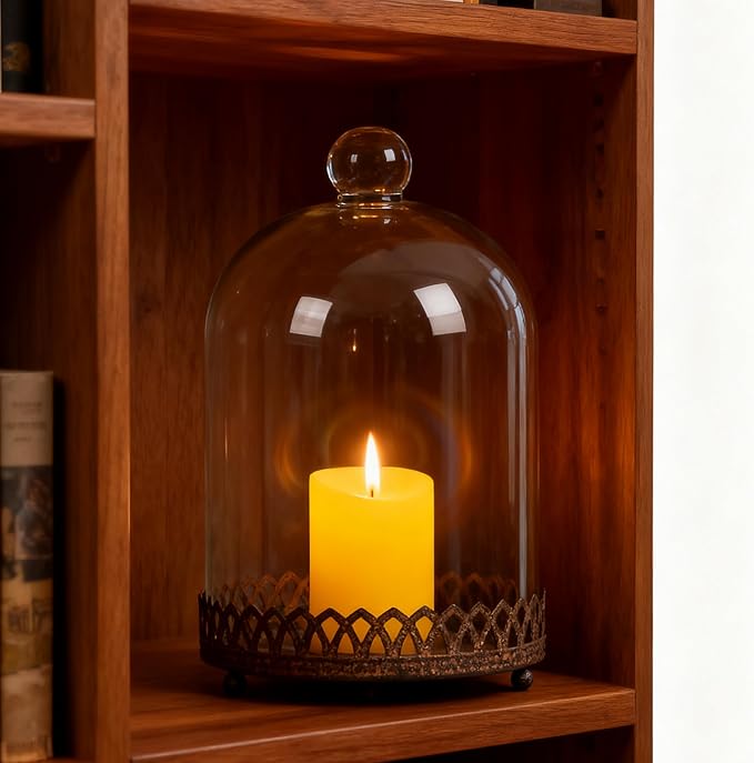 Twakutwku 8" Tall Large Sturdy Handmade Glass Cloche Dome with Metal Base in Rustic Brown for Plant, Terrarium, Collectibles, Candle. Cloche Glass Dome, Bell Jar Display Case (Brown, 8")