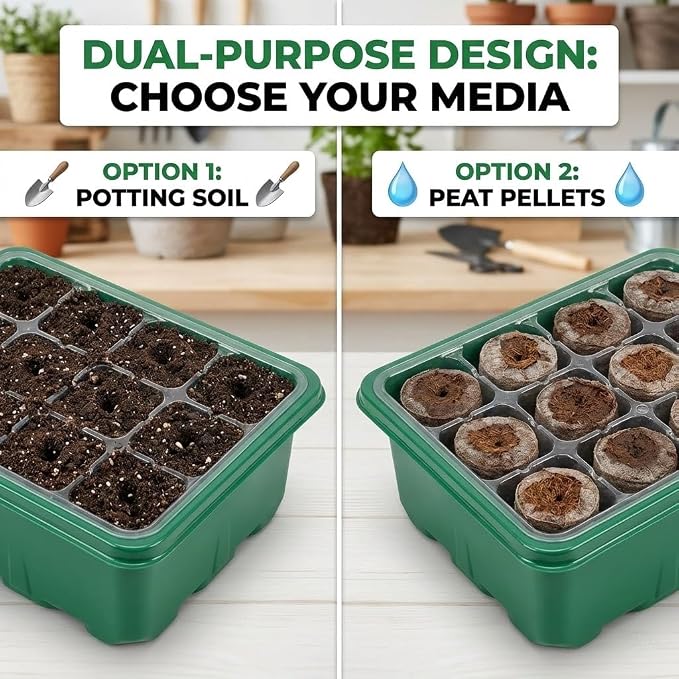 Seed Starter Tray with Grow Light, 4 Pack Seed Starter Kit with Adjustable Humidity Dome, 12-Cell Seedling Trays with Full Spectrum LED for Indoor Plant Germination, Green