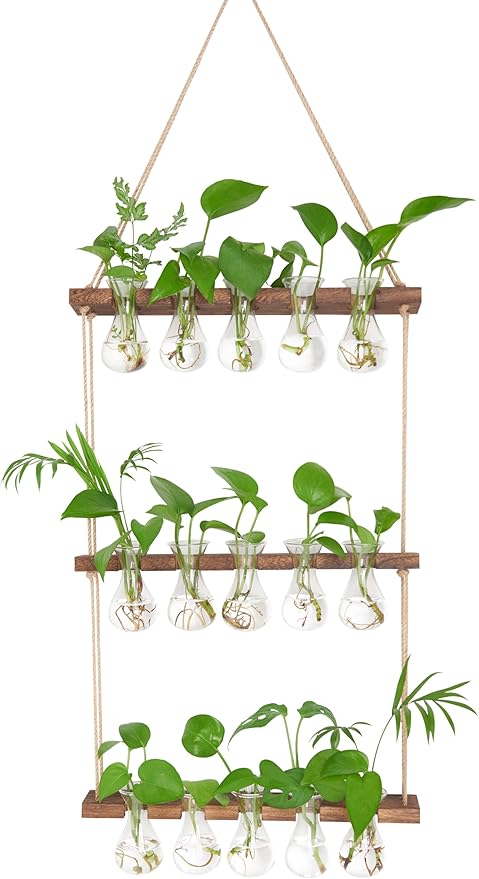 XXXFLOWER Wall Hanging Propagation Station with Wooden Stand 5 Bulb Vase 3 Tiers Planters Wall Terrarium for Home Office Plant Hanger Flower Vases Wall Decor(Brown)