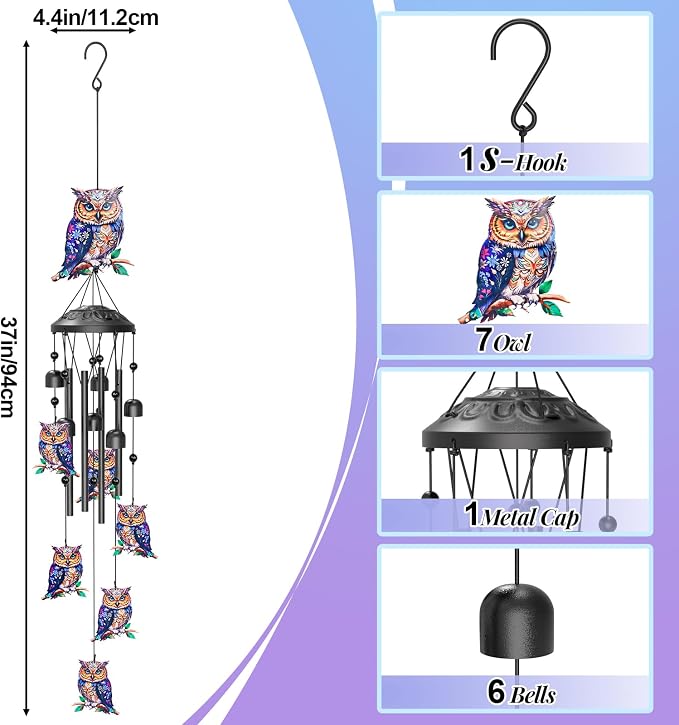 35" Wind Chimes for Outside, Hand-Tuned Aluminum Windchimes with 6 Bells & Owl Decor, Rustproof Metal Chimes for Garden Patio Porch, Sympathy Memorial Gift for Mom Women(Owl)