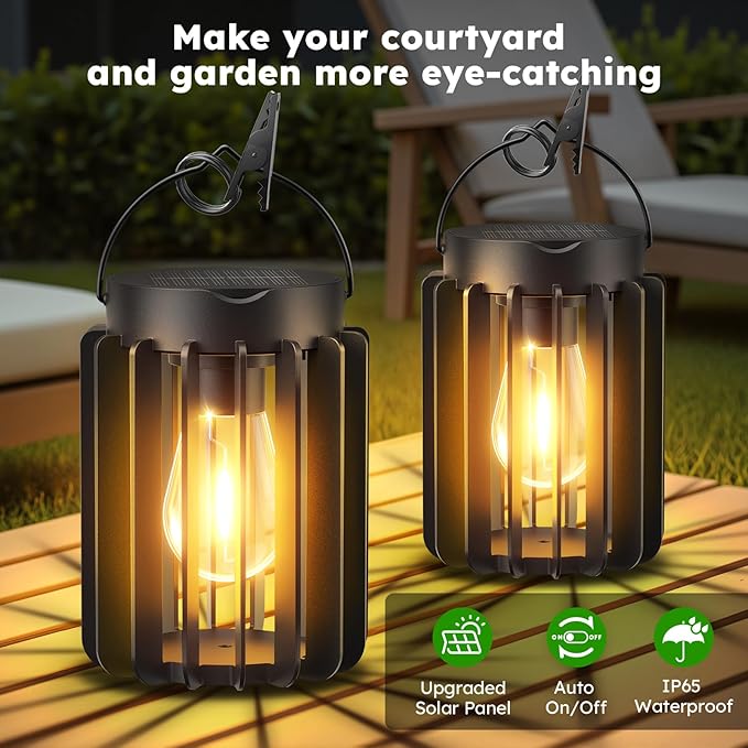 Ahaorigin Solar Lanterns Outdoor Waterproof, Brighter Up to 12 Hrs Outdoor Hanging Solar Lights, Outside Hanging Lanterns for Garden Porch Patio Yard Decor, Gifts for Women Mom Father Black 2 Pack