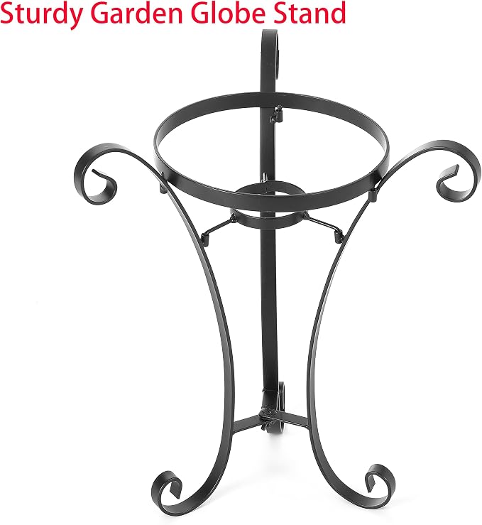 Metal Gazing Globe Stand for 10 or 12 Inch Balls - 17" H Black Outdoor Holder With 3 Stakes for Garden