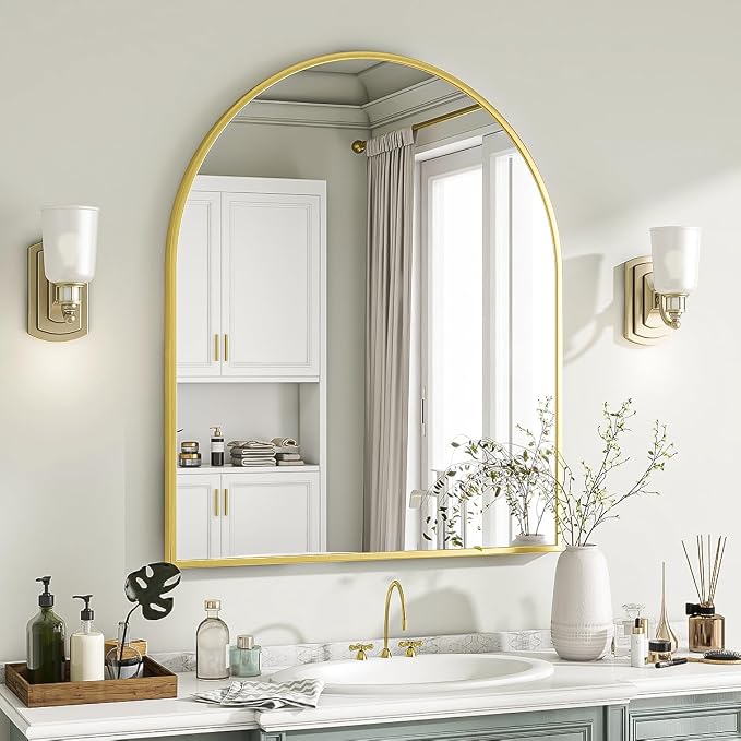 Arched Wall Mirror, 26 x 28 inch Arch Bathroom Mirror, Wall Mounted Vanity Mirror with Arch Metal Frame, Modern Bathroom Vanity Mirror for Bedroom, Living Room, Hanging or Leaning, Gold