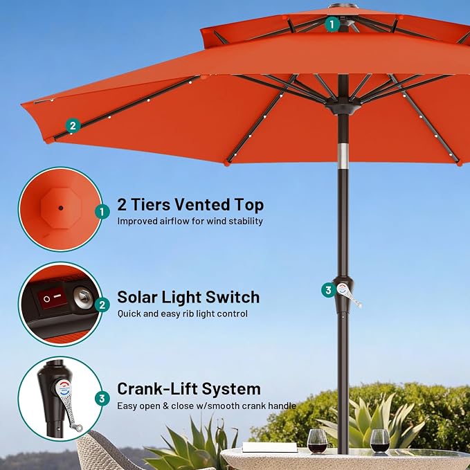 AreShark 9ft 2 Tiers Patio Umbrella with Solar Lights, Outdoor Umbrella w/ 32 LED Lights&8 Sturdy Ribs, Table Umbrella for Deck, Backyard, Pool(Orange)