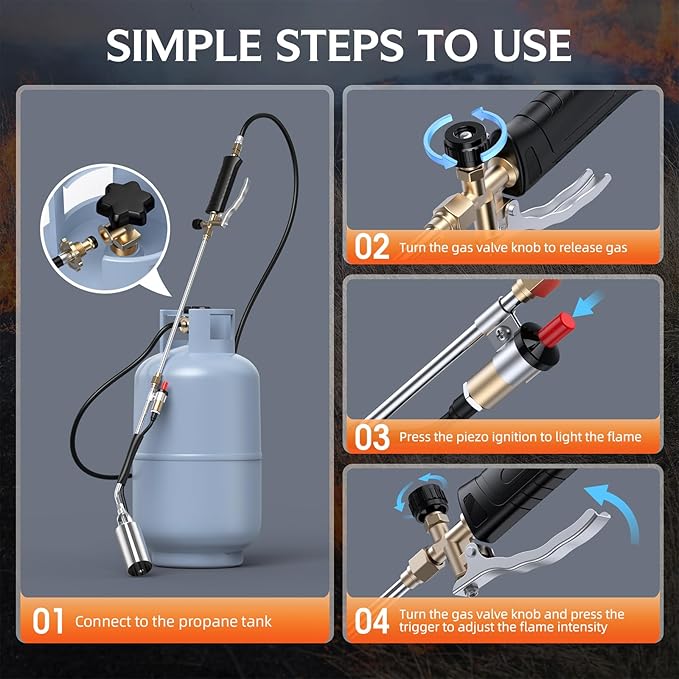 Propane Weed Torch Burner with 11.5FT Hose, Self-Igniting Heavy Duty Flame Weeder with Turbo Trigger, Adjustable Outdoor Torch for Driveway, Garden, Yard, Ice and Snow (Black)