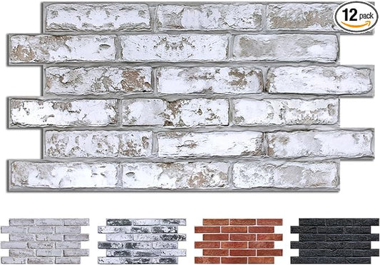 COMSTICKC 3D Gray-White Faux Brick Wall Stickers Peel and Stick Wall Covering, 12 pcs 22.8" x 11.8", Ultra-Light PVC Decorative Tiles Wall Panels, Designed for DIY Wall Upgrades Indoor, 22.48 sq.ft