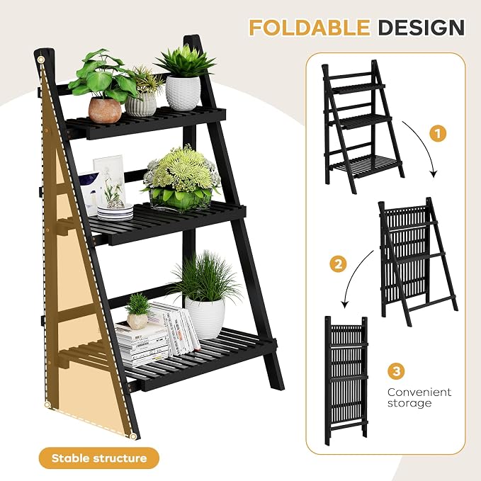oakvivo 39.4" Foldable Plant Shelf Ladder Shelf, 3 Tier Bamboo Ladder Flower Pot Display Shelf, Freestanding Ladder Bookshelf for Garden, Balcony, Yard, Living Room, 23.6" W x 15" D x 39.4" H, Black