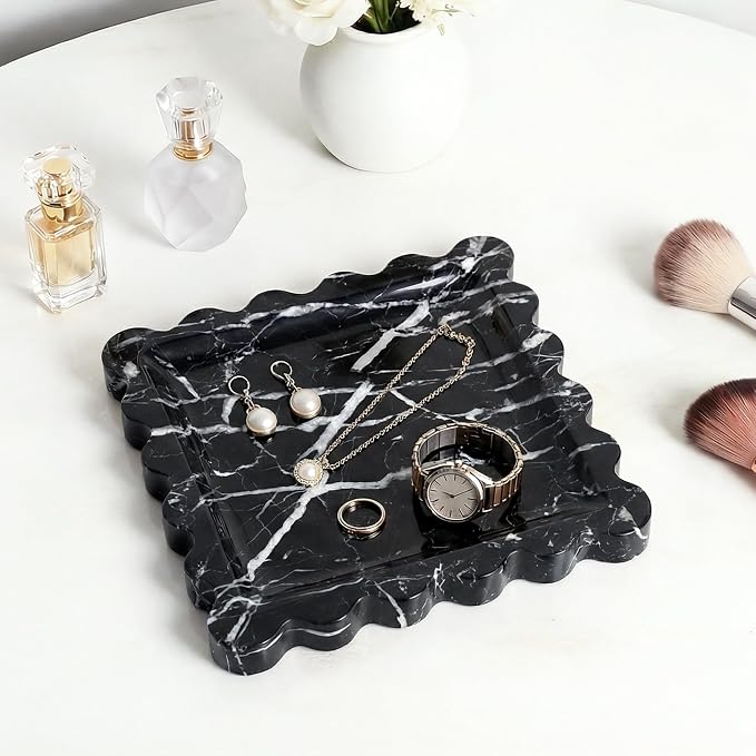 Scalloped Square Marble Decorative Tray, Natural Stone Vanity & Jewelry Tray, Trinket Organizer for Ring, Key, Dresser, Nightstand, Bathroom Counter & Kitchen Sink(Black)