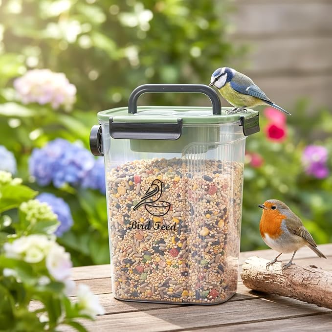 Bird Food Container,Pet Food Storage Bin with Side Pouring Spout and Handle,5lb Bird Seed Storage Container,Airtight BPA Free Portable BirdSeed Storages for Outside Feeders Container Holder