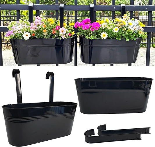Hanging Planters for Outdoor Plants, 17" Railing Planter Pots, Metal Fence Flower Pot for Porch Balcony with Detachable Hook (Black, Pack of 2)