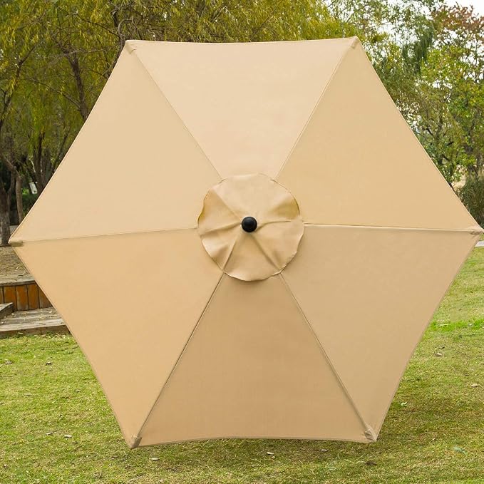 Sunnyglade 7.5' Patio Umbrella 6 Ribs (Tan) | 18" 30.2-lbs Heavy Duty Round Antiqued Umbrella Base, Bronze
