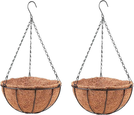 LaLaGreen Hanging Planters for Outdoor Plants (2 Pack, 12 Inch) Hanging Baskets with Coco Liner Flower Pots, Metal Wire Round Plant Holder Hanger Hook Chain Deck Porch Garden Balcony Farmhouse Decor