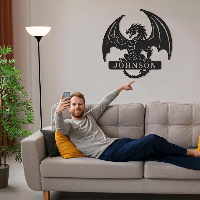 Personalized Dragon Metal Wall Art – Custom Last Name Sign, Western Dragon Home Decor for Living Room, Porch & Outdoor Display
