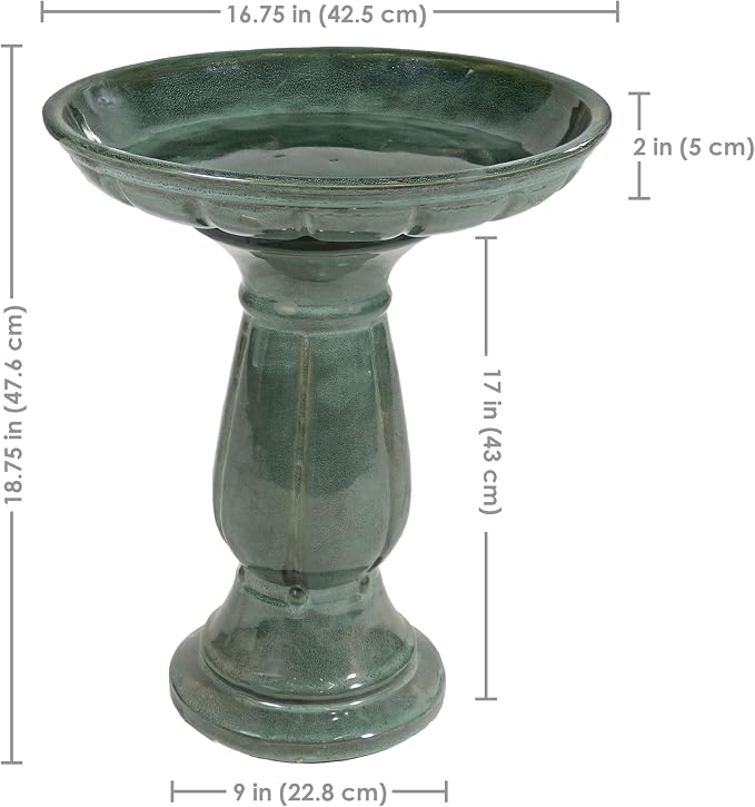 Sunnydaze Avignon Outdoor Ceramic Bird Bath - 18.75" H - UV- and Frost-Resistant - Pedestal Design - Green Mist