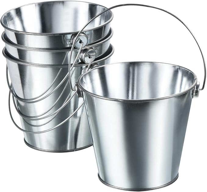 PATIKIL 4.7 Inch Colored Metal Buckets, 4 Pack Pencil Holder Buckets Round Metal Planter Pails Container with Handles for Classroom Crafts, Bright Silver