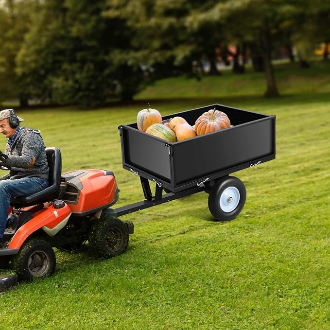 GarveeTech Heavy Duty Steel Dump Trailer, 500 LBS/11.4 Cu.Ft Capacity Garden Dump Cart for Lawn Mower, Utility Trailer with Removeable Rear Panel, Designed for Tractor, ATV, UTV, Black
