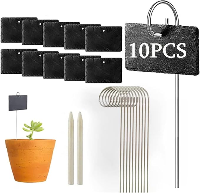 Large Slate Plant Labels, Garden Plant Labels Tags, Plant Markers 10 Sets | Natural Weatherproof Garden Signs with Metal Stakes and Chalk Pencils, for Outdoor Plants Vegetables Herb Flower Bed Pots