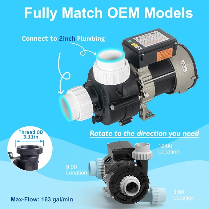 Hot Tub SPA Pump, Wow Pump 1.5HP, 220-240V, 2-inch Plumbing, Compatible with OEM#1016037 - (Model: WBE150)