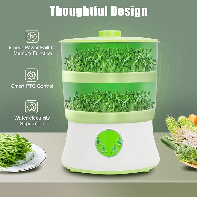 Bean Sprouts Grow Kit Sprouts Growing Kit 2-Layer 110V Smart Sprouter with 360°Sprinkler and 3 Seasonal Modes, Indoor Bean Sprout Maker for Soybean, Mung Bean, Radish, and Wheatgrass