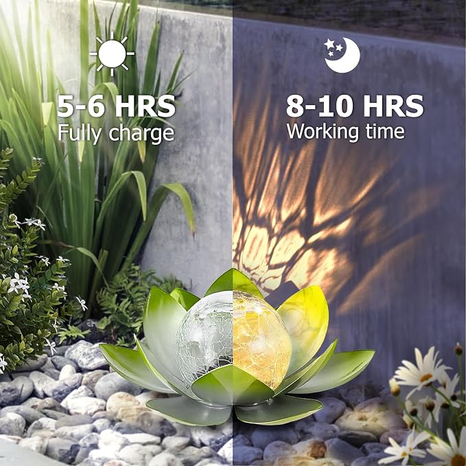 AIINY Garden Solar Light Outdoor(2Pack),Crackle Globe Glass Lotus Decoration, Waterproof Metal LED Flower Lights for Patio,Lawn,Walkway,Tabletop,Ground