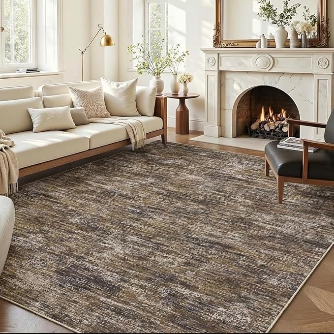 GarveeHome 5x7 Living Room Rugs Modern Washable Area Rug for Bedroom, Stain Resistant Neutral Solid Color Rugs with Rubber Backing, Non Shedding Low Pile Carpet for Dining Room, Entryway, Brown