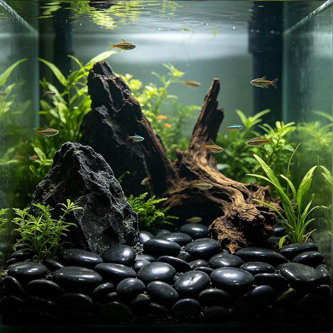 20 lbs Black River Rocks - Large Polished Black Pebbles for Plants & Garden Decorative Stones，1-2" Polished Pebbles for Landscaping, Fish Tanks, Flower Pots, Water Fountains