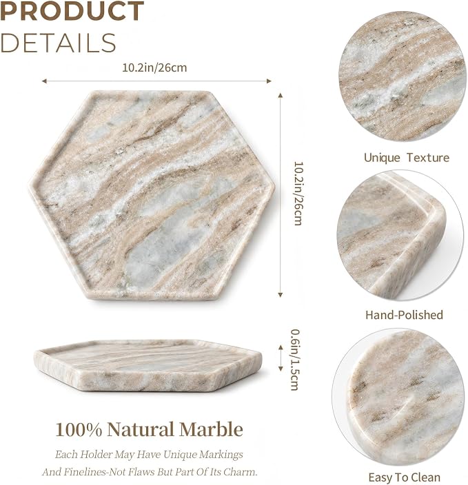 Real Natural Marble Octagon Tray 10.2in Solid Stone Decorative Plate | Luxury Grey Marble Decor Tray for Candle, Jewelry, Plant. Food-Safe Solid Stone Serving Dish with Unique Veining