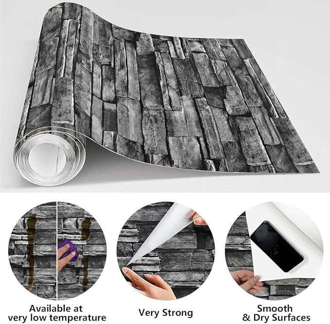 Jeweluck Grey Brick Wallpaper Peel and Stick Wallpaper 17.7inch×118.1inch Faux Stone Self Adhesive Wallpaper Kitchen Backsplash Peel and Stick Brick Contact Paper Removable Wall Paper Decor Vinyl